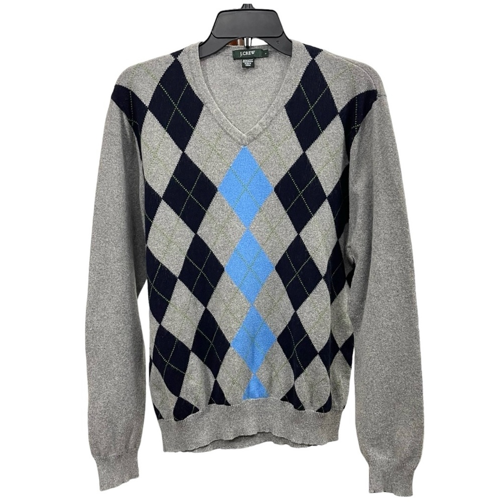 J. Crew Mens Argyle‎ Pullover V- Neck Sweater in Gray Blue Size L